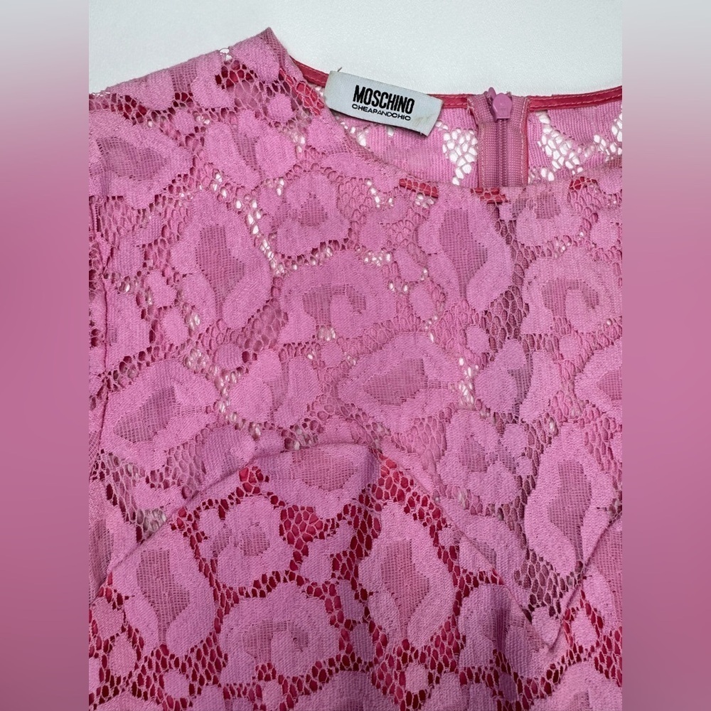 Moschino Y2K Cheap & Chic Barbie Pink Crochet Lace Lined Shift Dress Size 4 - Picture 3 of 12